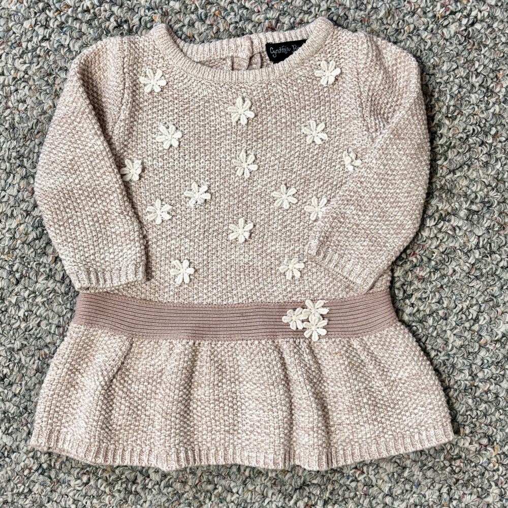 Cynthia Rowley 100% Cotton Tan Knit Sweater Dress w Floral Details 6-9 months